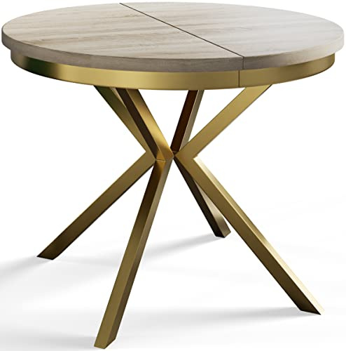 AlpiMeble Runder Esszimmertisch BERGO, ausziehbarer Tisch Durchmesser: 120 cm/200 cm, Wohnzimmertisch Farbe: Beige, mit Metallbeinen in Farbe Gold