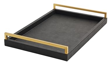 Generic Sagala 18 Black Wood Large Serving Tray with Brushed Gold Handles, Shagreen Leather Home Decorative Tray Coffee Table Tray Big Ottoman Tray for Modern Living Room, (Black)