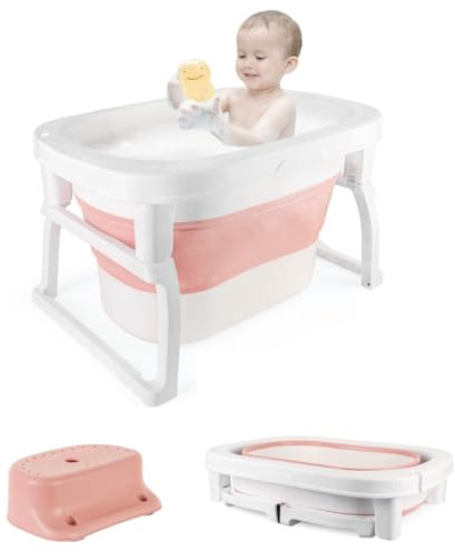 OHMG - Bañera plegable para bebé con taburete, lavabo de ducha portátil antideslizante en pie, para 0-3 años, agujeros de drenaje