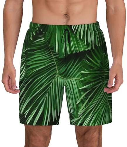 Costume da bagno da uomo con foglie di palma verdi, pantaloncini da spiaggia, ad asciugatura rapida, con tasche, adatti per costumi da bagno hawaiani, nero, Medium