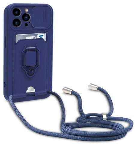 Yzniyzce Crossbody Case for iPhone 15 Pro Max 6.7'', 4-in-1 Silicone Detachable Lanyard Cover with Rotating Ring Stand, Adjustable Neck Strap Cord, Card Holder, Sliding Camera Cases for Woman, Blue