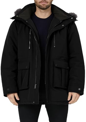 Wantdo Doudoune pour Homme avec Capuche Veste d'hiver Chaude pour Hommes Veste Imperméable de Longueur Moyenne Veste en Coton Grande Taille Manteau de Neige Coupe-Vent Noir 78-82