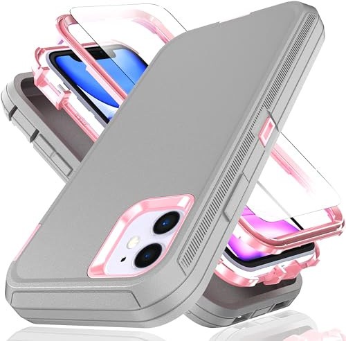 YmhxcY for iPhone 11 Case 6.1-Inch with Explosion-Proof Screen Protector,3 in 1 Shockproof TPU Hard PC Bumper Drop-Proof Shell for iPhone 11-Gray/Pink