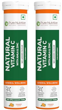 Pure Nutrition Vitamin C & Zinc, 40 Effervescent Tablets (20x2), Orange Flavour, 1000mg Amla Extract, Supports Skin, Immunity & Daily Wellness for Men & Women