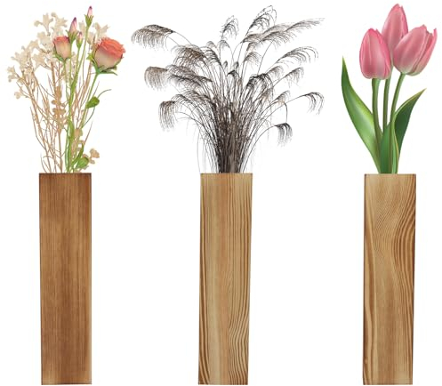 HENGBIRD 3 Stück Wandvase Holz, Moderne Wandvasen für Pflanzen Innen, Wand-vase Wand Vase Holz Home Decor 2,5*5,6*29,5 cm Innenmaße, Wand Pflanzgefäße für Getrocknete Blumen & Faux Grünpflanzen(Braun)