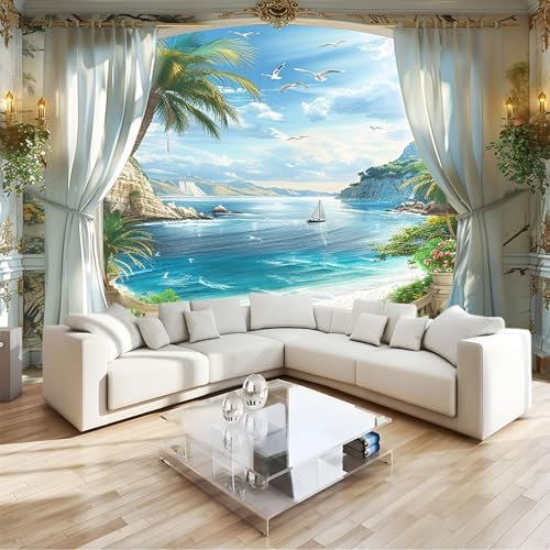 Papier Peint Panoramique 3D, Intissé Photo Mural Villa OcéAn Vue Mer Poster pour Salon Chambre Mur de fond Chambre des Enfants Bureau Multicolore Décoration de Maison 400 x 280 CM