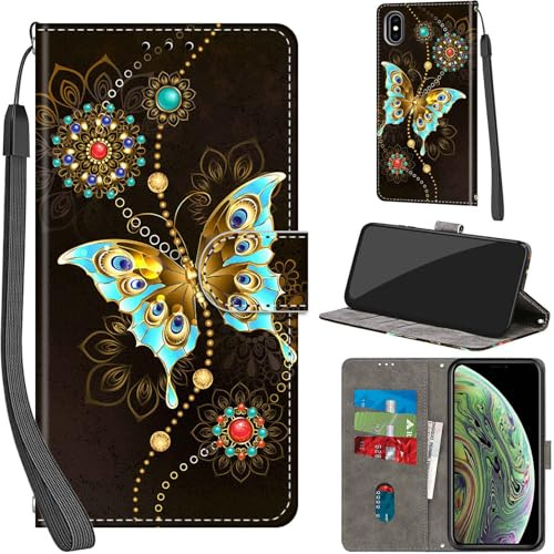 Haninsuze Case for iPhone XS/X, Green Butterfly | PU Leather, 3 Card Holder, Wallet Book Flip, Folio Stand View, Magnetic, Multi-Pattern Cover, Lanyard Strap