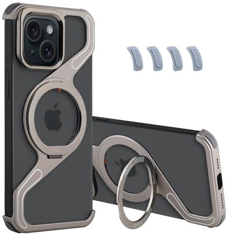 aidvaia Titanium Metal Minimalist Phone Case Compatible with iPhone 15 Magnetic Kickstand Metal Frameless Design Bumper Case Protective Shock Grade Shell Titanium Gray