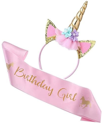 Alomois Ensemble de serre-tête licorne à paillettes dorées en satin rose pour joyeux anniversaire licorne fournitures de fête décorations