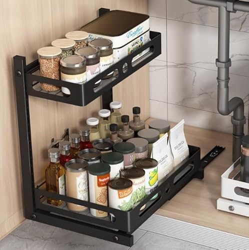 TIDEVAN Rangement Sous Évier Tiroir Organisateur Sous Evier Cuisine Étagère Sous Placard Rangement et Organisation De Cuisine Coulissant à Extraction avec 6 Crochets et 1 Gobelet Suspendu Noir