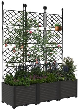 GarveeLife Plastic Plant Box with Metal Trellis, Black, 3pcs