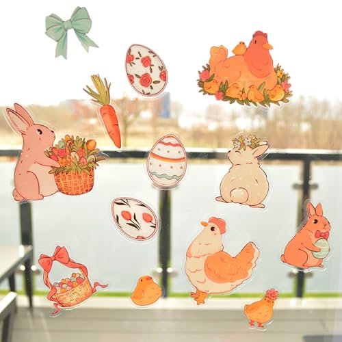 Fensterbilder Ostern Set, DIN A4 zur Dekoration | Wiederverwendbare, beidseitig bedruckte Fensterdeko mit Hühnern, Küken, Osterhasen, Ostereiern | Osterdeko für Kinderzimmer, Wohnzimmer