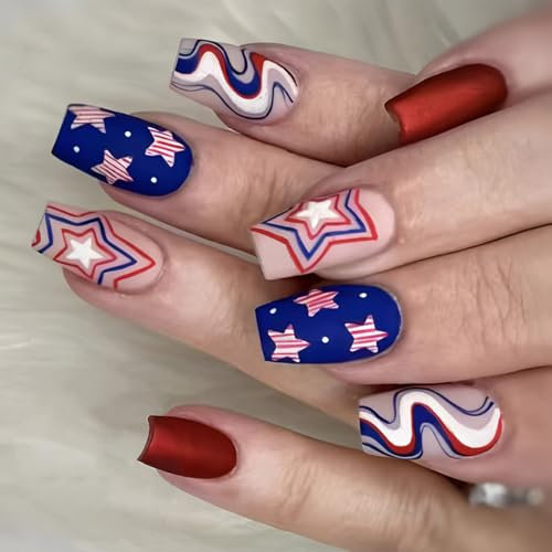 Lot de 24 faux ongles à coller Motif drapeau du 4 juillet