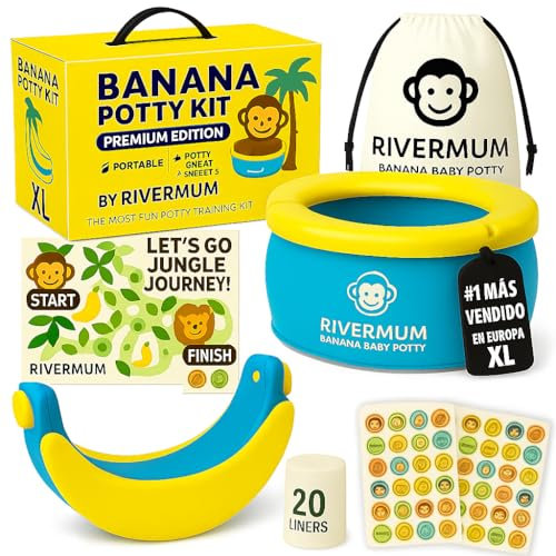 RIVERMUM® Kit urinoir banane Premium XL, urinoir portable pliable pour enfants, idéal pour les voyages ou la maison, comprend 20 sacs, autocollants, pot et sac de transport (nouvelle taille XL bleu)