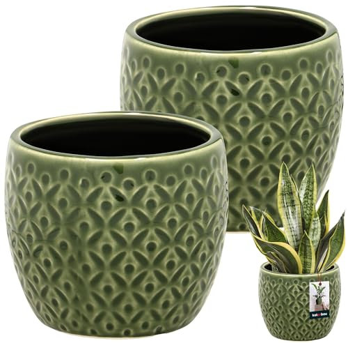 KOTARBAU® 2er Set Pflanzentopf Grün ⌀ 12 cm Höhe: 10 cm Glasierte Keramik Blumentopf groß Plant Pot Kaktus Topf Übertopf Blumentöpfe