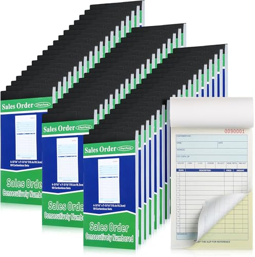 Lincia 55 Blöcke Verkaufsauftragsbücher, 2-teilig, selbstdurchschreibend (weiß/kanariengelb), Quittung mit Kohlekopien, Einband, Quittungsformular, Rechnung, 50 Sets pro Buch (10,6 x 18,3 cm)