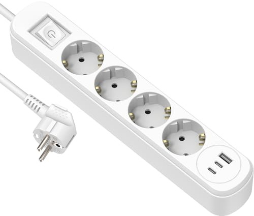 Electraline 62520 Steckdosenleiste 4-Fach Schuko 16A + 3 USB (1 USB A + 2 USB C PD20W) mit Schalter, Kabel 1.5M, Mehrfachsteckdose/Tischsteckdose Steckerleiste