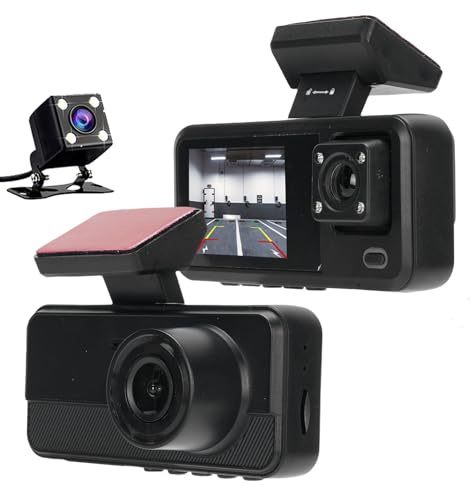 Bewinner 3 Channel Dash Cam, 1080P + 720P + 480P Front Inside Rear Three Way Triple Car Dash Camera, 2 Inch LCD Display, 32GB Card Included, Connectivity