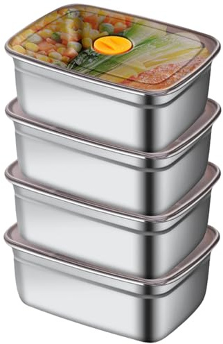 GOMETY 4er-Set 1200ml Edelstahl Frischhaltedosen mit Deckel, Auslaufsicherer Lebensmittelbehälter, snackbox mit fächern, Stapelbare Lunchbox Edelstahl für Meal Kühlschrank Gefrierschrank unterwegs