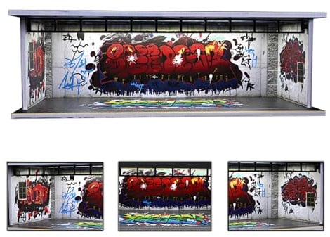 1/64 Diorama Graffiti Garage Modell, mit LED-Beleuchtung Showroom Parkplatz | Szene Display, 1/64 Skala Diecast Garage Display Case, für Modell Auto Szene Display, Werkstatt Spielzeug Vitrine
