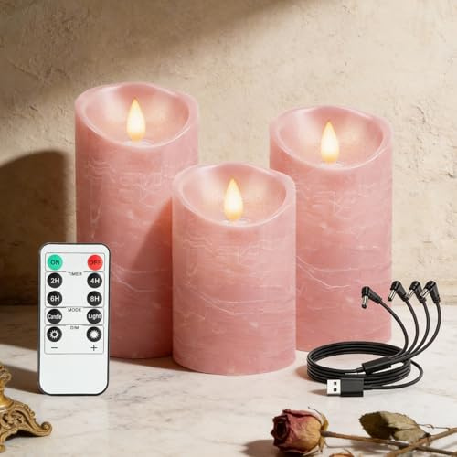 RanBluu 3er Set LED Kerzen mit Timer, elektrische LED Säulenkerzen | flackernde Echtwachs betriebene Kerzen Wiederaufladbar für Camping, Hochzeiten, Home Deco (Rosa, 10cm&12,5cm&15 cm Höhe)