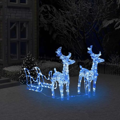 ACAGALA Rentiere Schlitten Weihnachtsdekoration 160 LEDs, Acryl Weihnachtsbeleuchtung für außen und innen, Weihnachtsfiguren Groß Aussen, 8 Lichtprogrammen, Blau, 43x11x55 cm