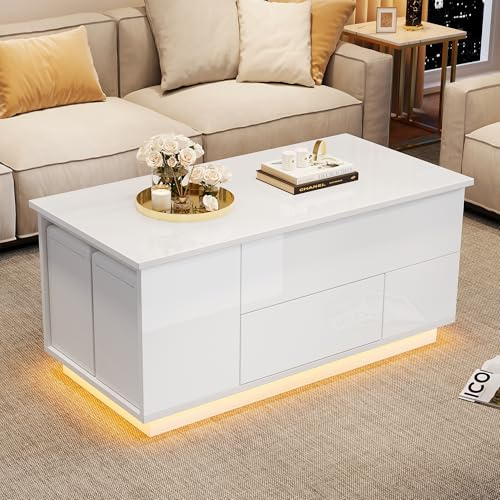 Mesa de centro 4 en 1, altura ajustable, 100 x 50 x 45 cm, con LED, mesa de café con 2 cajones, mesa brillante con sofá y 2 taburetes, mesa auxiliar con espacio de almacenamiento oculto, capacidad de