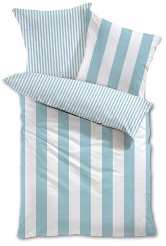 Traumschlaf Mako-Satin Wende-Bettwäsche Los Angeles – Edle Satin Bettwäsche aus 100% Baumwolle mit moderner Streifenoptik in warmen Naturtönen – 135x200 cm + 80x80 cm, hellblau