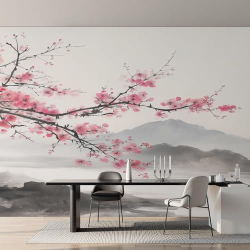 Pink Cherry Blossoms Wallpaper - Japanese Asian Oriental Wall Mural 400x280 cm (W x H), Non-Woven Photo Wallpaper Mural for Bedroom, Living Room, Hallway, Home Decor Y&W44