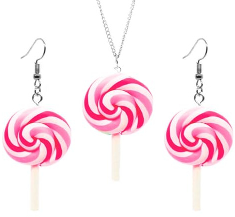 OIXYEY 1 Set Candy Girl Kostüm Damen, Niedliche Lutscher Ohrringe, Lollipop Ohrringe Halskette, Rosa Zuckerbonbon Haken Ohrringe, Für Halloween Karneval Anhänger, Frauen Und Mädchen, B