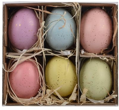 Ostereier zum Aufhängen 4x6cm mit Sprenkeln 6er Box - Dekoeier mit Aufhänger - Echte Hühnereier ausgeblasen - Deko Eier für Ostern Frühling - Osterdeko Hängedeko Frühlingsdeko - Pastell