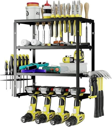 Dazioter Power Tool Storage Heavy Duty Tool Shelf Wall Mount for Drill and Cordless Tools Rack for Tool Organizer Garage Organization Workshop Pegboard (Black, 4 Drill Holders 3 Layer)