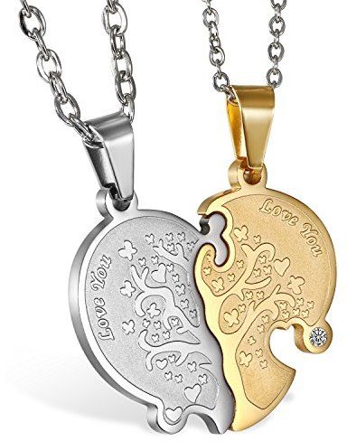 JewelryWe Valentinstag Schmuck 2 Freundschaftsketten mit Gravur, Edelstahl Herz Anhänger Halskette mit Gravur Love You Baum des Lebens, Paar Kette für Damen Herren, Gold Silber