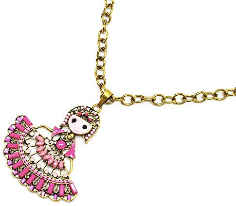 Oh My Shop CL1970E - Sautoir Collier Grosse Chaîne et Pendentif Poupée Danseuse Pierres Rose Métal Doré