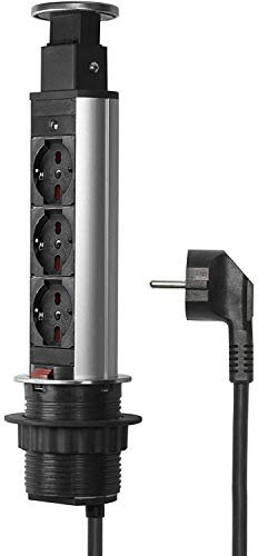 Elbe Inno® Presa da tavolo a scomparsa per il piano di lavoro (3 prese), presa multipla per cucina e ufficio, striscia di prese in alluminio in grigio-nero EL1053S-IT