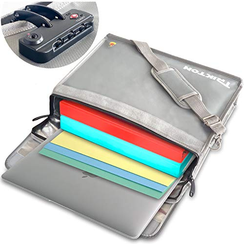 TRIKTON Feuerfeste Dokumententresor Tasche mit Schloss TSA, XL silber, speichert sperrige Ordner ohne Falten, X-Large 15x12x3 feuerfeste und wasserfeste Aktentasche | Schlossbox für Dokumente