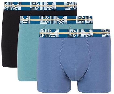 DIM Boxer Homme Style Powerful Coton Stretch x3, Bleu Jacinthe/Vert Viride/Noir, M
