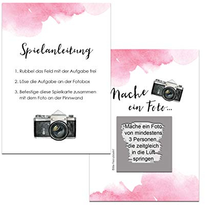 50 Fotoboxaufgaben zum Rubbeln Hochzeitsspiel Fotospiel Hochzeit Rubbelkarten (Aquarell rosa)