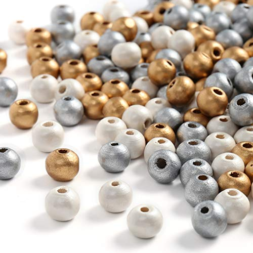 DAHI holzperlen ca.750 pcs perlen mit Loch Gold Silber weiß bastelnperlen für DIY Schmuck Herstellung 3 Farben (8mm)