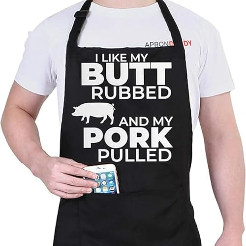 APRON DADDY Funny Apron for Men - Butt Rubbed and Pork Pulled - Adjustable Large Size - Poly/Cotton Apron with 2 Pockets - Father's Day Gift for Dad, Husband, Chef