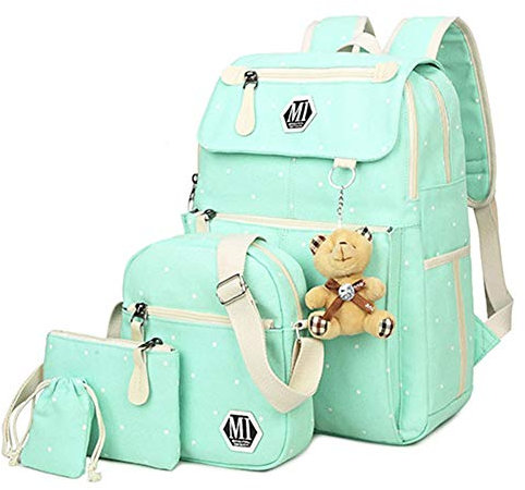 NANANA Kinder Schultaschen Set Polka Dot Leinwand Schulrucksäcke Rucksack mit Schultertasche und Bleistift-Tasche 5-teilig, 19x13x43 cm,Grün