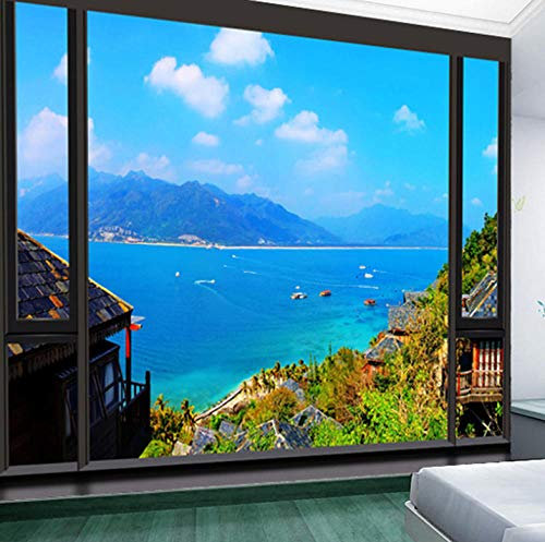 Papier Peint Panoramique 3D,Vue sur la mer bleue à l'extérieur de la fenêtre - Autocollant Mural Pour Salon Chambre À Coucher Couloir Moderne Espace Visuel De Paysage Naturel Murale 250x175cm