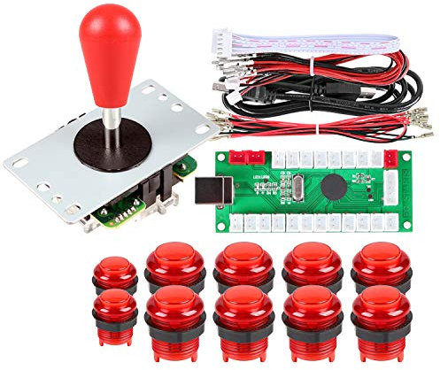Fosiya 1 Jugador LED Arcade DIY Kit Piezas Codificador USB a PC Joystick de murciélago de Estilo elipse y Ovalado + Botones LED Arcade de 5v para Consolas de Videojuegos Arcade Raspberry Pi (Red)