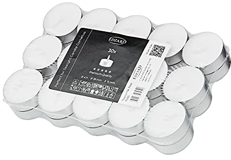 EDZARD Lot de 30 bougies chauffe-plat, blanches, cire de qualité supérieure, coupe en aluminium, diamètre 39 mm, sans parfum, durée de combustion 4 heures