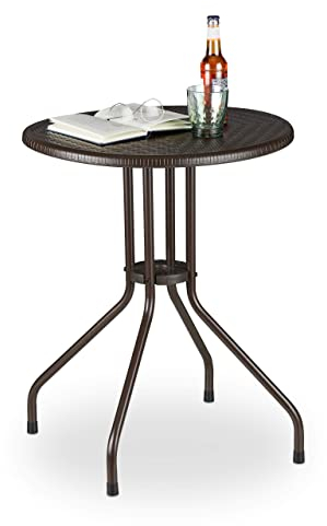 Relaxdays Gartentisch rund, Rattan Optik, Balkontisch klein, Kunststoff und Metall, Bistrotisch, HxD: 74x60 cm, braun