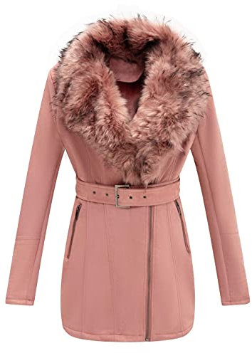Giolshon Veste Longue en Cuir Imitation Daim pour Femmes, Vêtements D'hiver Manteau à la Mode avec col en Fourrure Amovible 7922 Rose XL