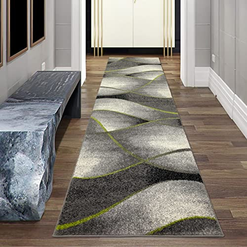 Teppich-Traum Flur Läufer modern Wellen Design in grün grau anthrazit - pflegeleicht Größe 80 x 300 cm