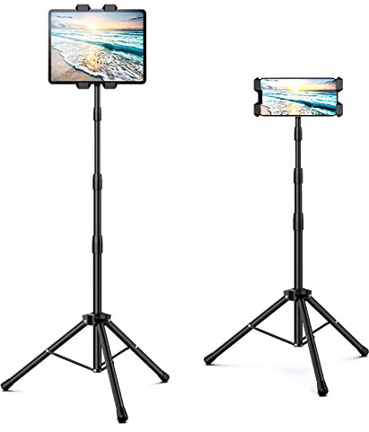 Raking Tablet Floor Stand, Height Adjustable Cellphone Floor Stand with 360°Rotating Tripod Mount, Compatible with iPhone iPad Mini/Air/Pro and All 5.5-12.9 Inch Devices