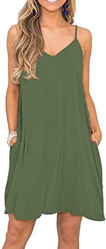 BEUFRI Damen Sommer Spaghettiträger Casual Swing Tank Strand Cover Up Kleid mit Taschen, armee-grün, X-Small