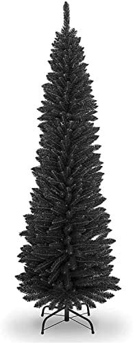 6ft/7ft Black Artificial Flocked Slim Christmas Pencil Tree with Pointed Tips and Metal Stand-Festive Xmas Decor With Pine Pencil Tree Holiday Home Decorations -600/800 Thick Pointed Tips (7ft)